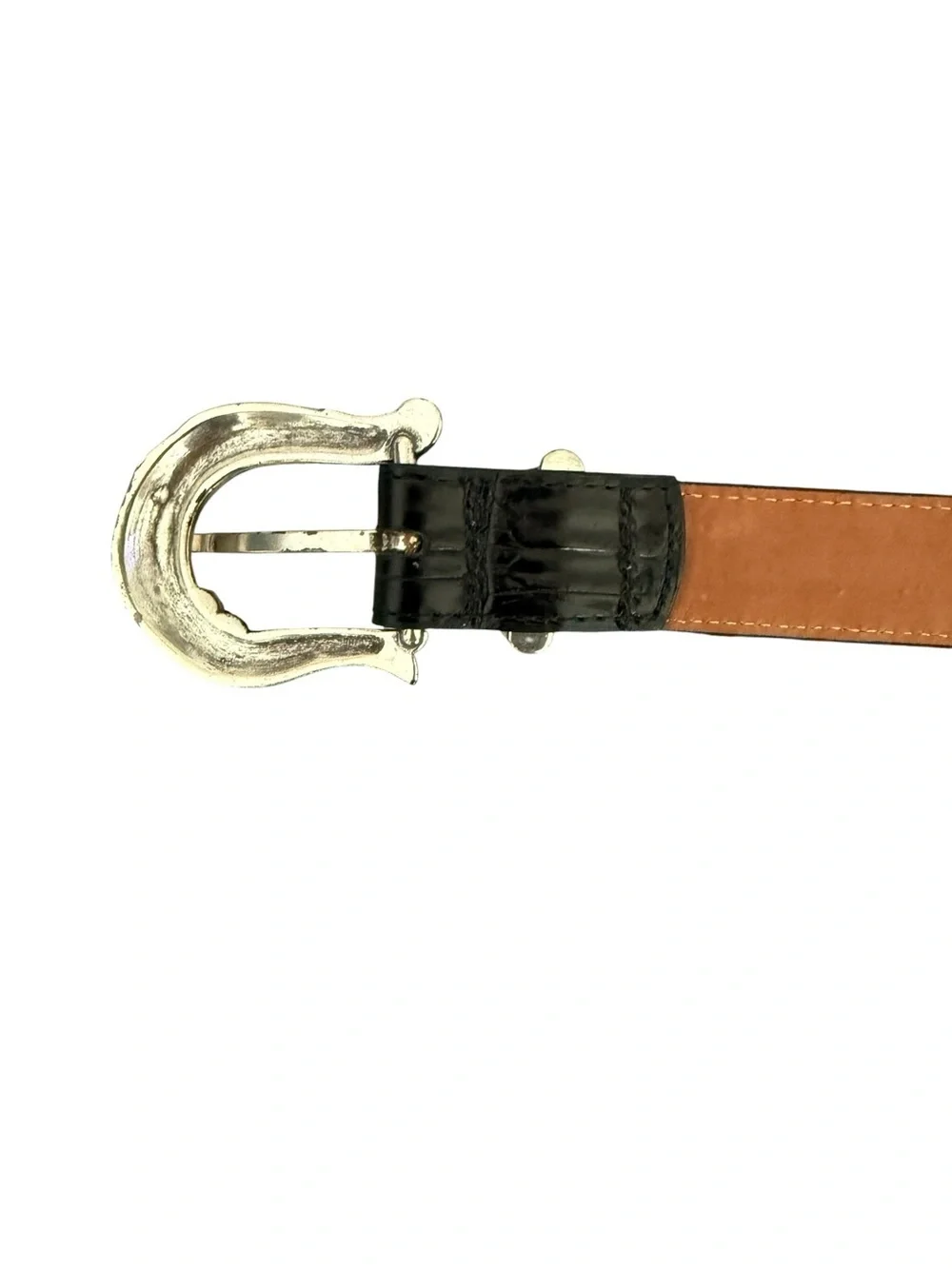 Vintage Coldwater Creek Croc Black Leather Belt with Decorative Silver Buckle S